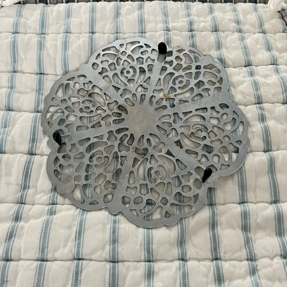Two Mid-Century Scrollwork Hot Plate Trivets Ornate Silver Retro Filigree Floral